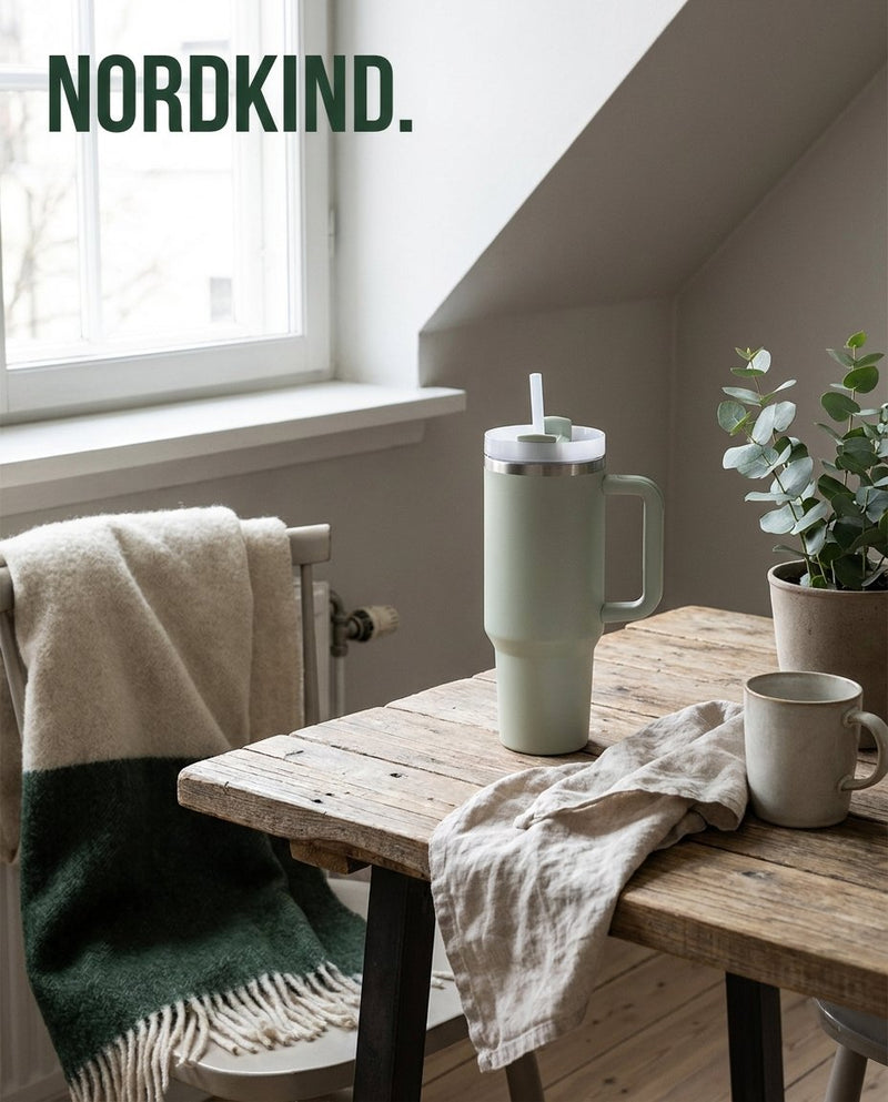 Tumbler mit Henkel und Strohhalm